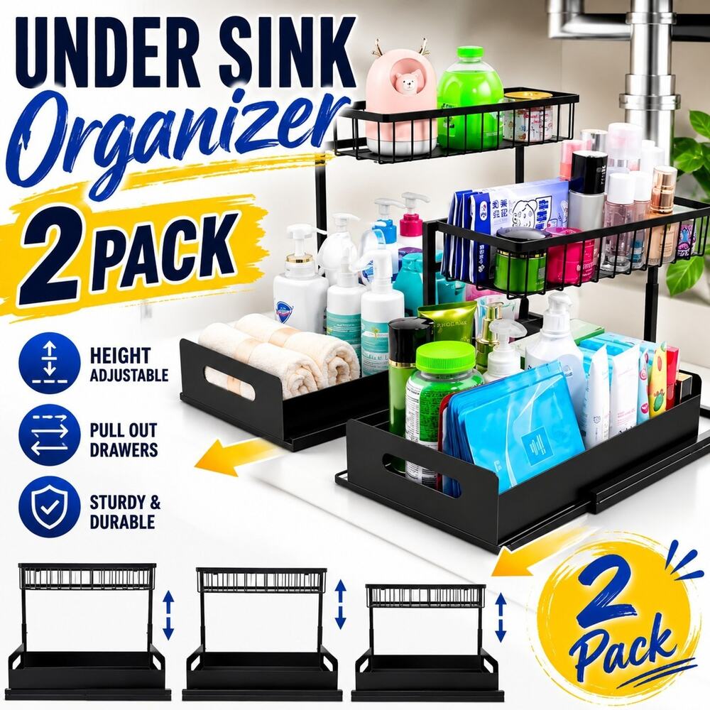 Under Sink Organizers, 2 Pack, Height Adjustable L-Shape Organizer by MirthMood